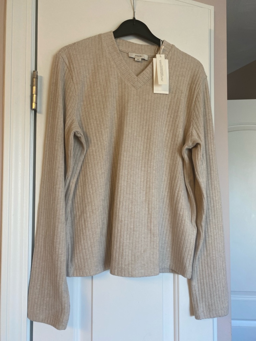 Vince Ribbed V-Neck Sweater in Light Beige
